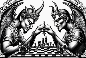 reaching devil and angel hands playing chess tattoo idea