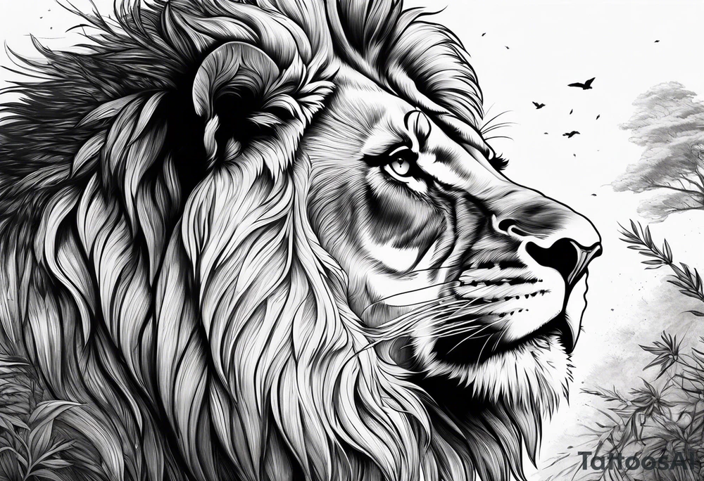 Powerful lion up close with nature in background tattoo idea Powerful lion up close with nature in background tattoo idea