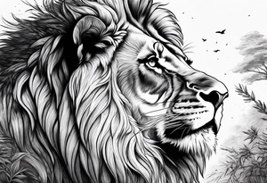 Powerful lion up close with nature in background tattoo idea