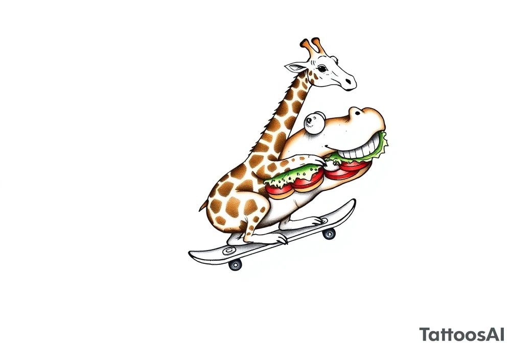 Majestic giraffe riding a skateboard and eating a hippo sandwich tattoo idea