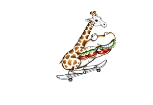 Majestic giraffe riding a skateboard and eating a hippo sandwich tattoo idea