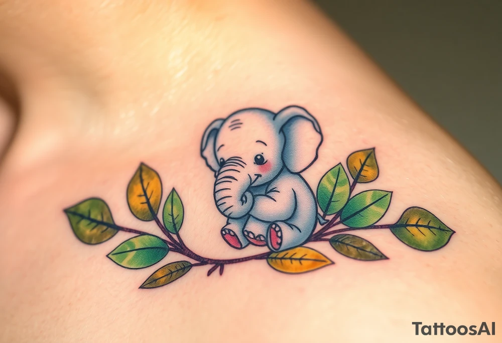 A baby elephant holding its elephant mother trunk, surrounded by soft green leaves and warm earth tones, symbolizing guidance and protection tattoo idea