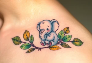 A baby elephant holding its elephant mother trunk, surrounded by soft green leaves and warm earth tones, symbolizing guidance and protection tattoo idea