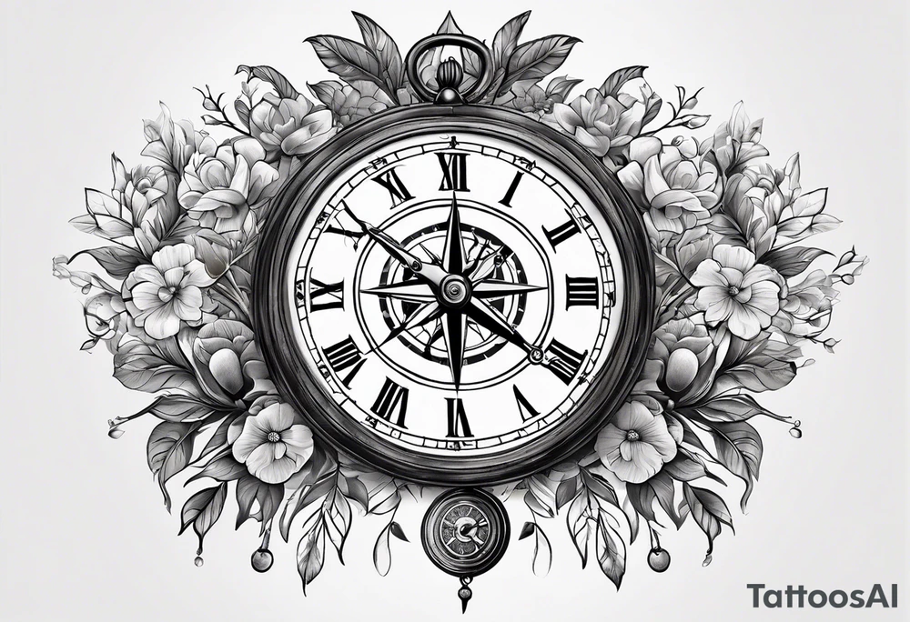 combination of a nautical compass and a old school clock face, with a doctor bird, tree of life and decorated with lignum vitae flowers, 3/4 sleeve on arm, flowing all together tattoo idea