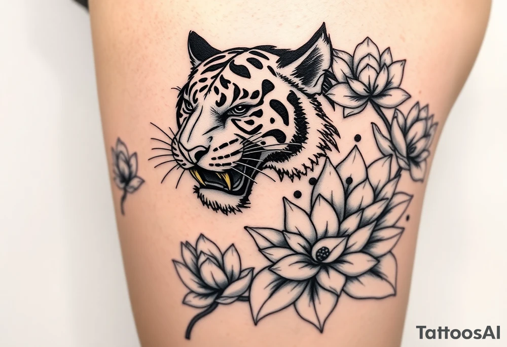 fierce tiger emerging through blooming lotus flowers in mist tattoo idea