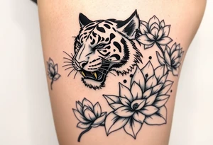 fierce tiger emerging through blooming lotus flowers in mist tattoo idea