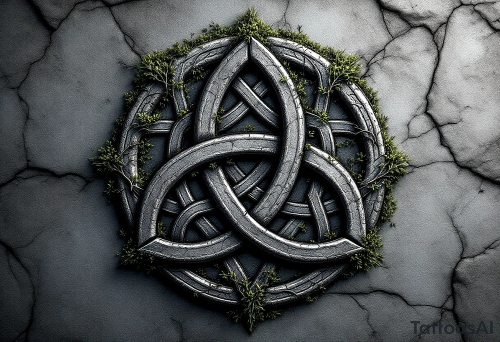 Celtic Trinity Knot with Stone Texture and Vines – A bold, interwoven Celtic triquetra (trinity knot) carved into weathered stone, with fine moss and ivy vines wrapping through the loops. The design is textured like ancient granite, in stone gray, deep forest green, and subtle earthy brown tones, evoking timelessness and natural connection. tattoo idea