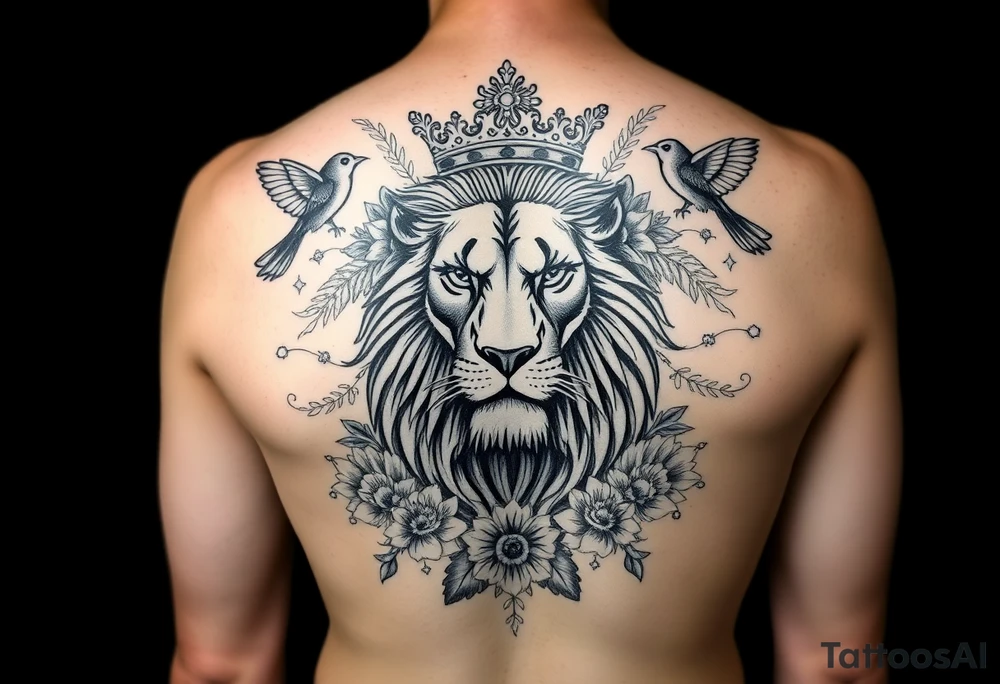powerful majestic lion with a crown, surrounded by floral ornaments and birds tattoo idea