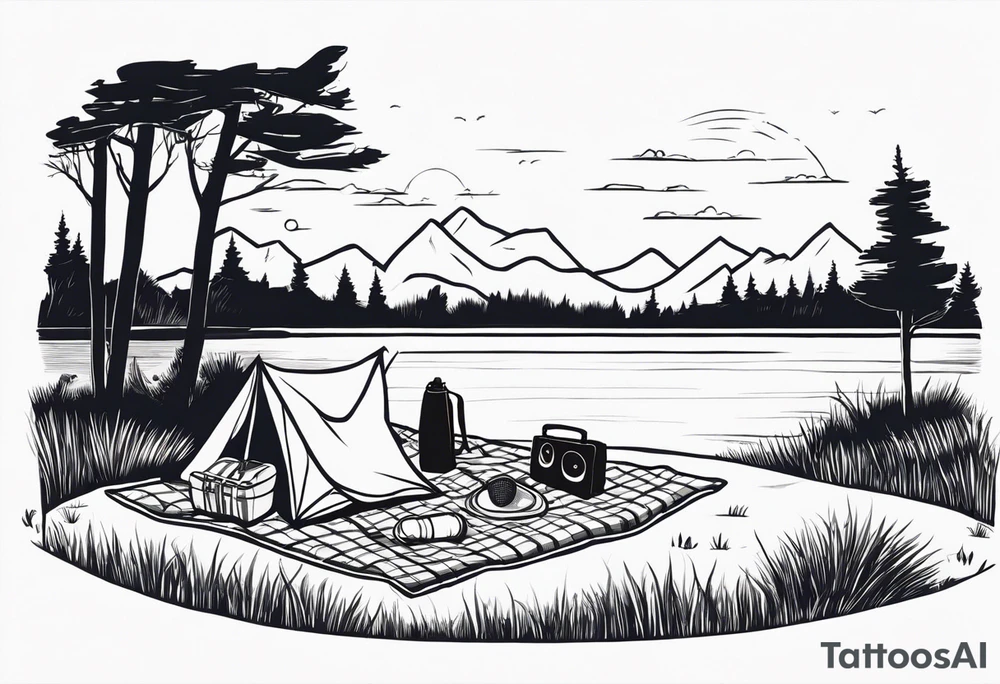 Very minimalstic picnic scene in nature by a lake, with trees and bushes. A blanket on the ground with one picnic-basket with lid, one backpack, one old speaker and 2-3 pillows to sit on and tennants. tattoo idea