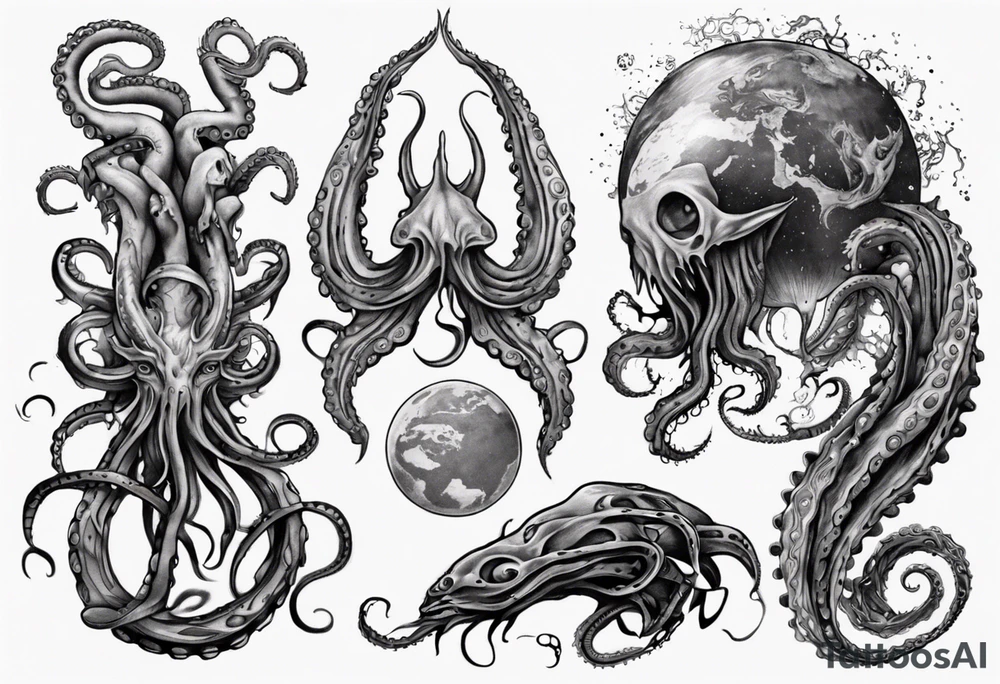 a tattoo on the theme of lovecraft, with tentacles that embrace the earth tattoo idea