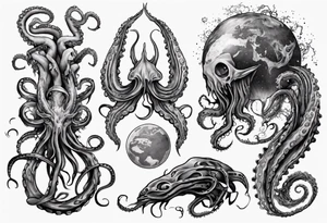a tattoo on the theme of lovecraft, with tentacles that embrace the earth tattoo idea