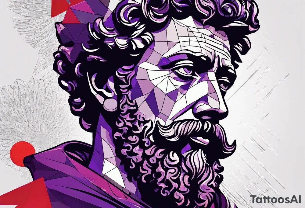 The Face of marcus aurelius with the lower left half missing. He is looking slightly away at 25 degrees. Geometric symbols framing the background. The background has small color splashes of red and purple. tattoo idea