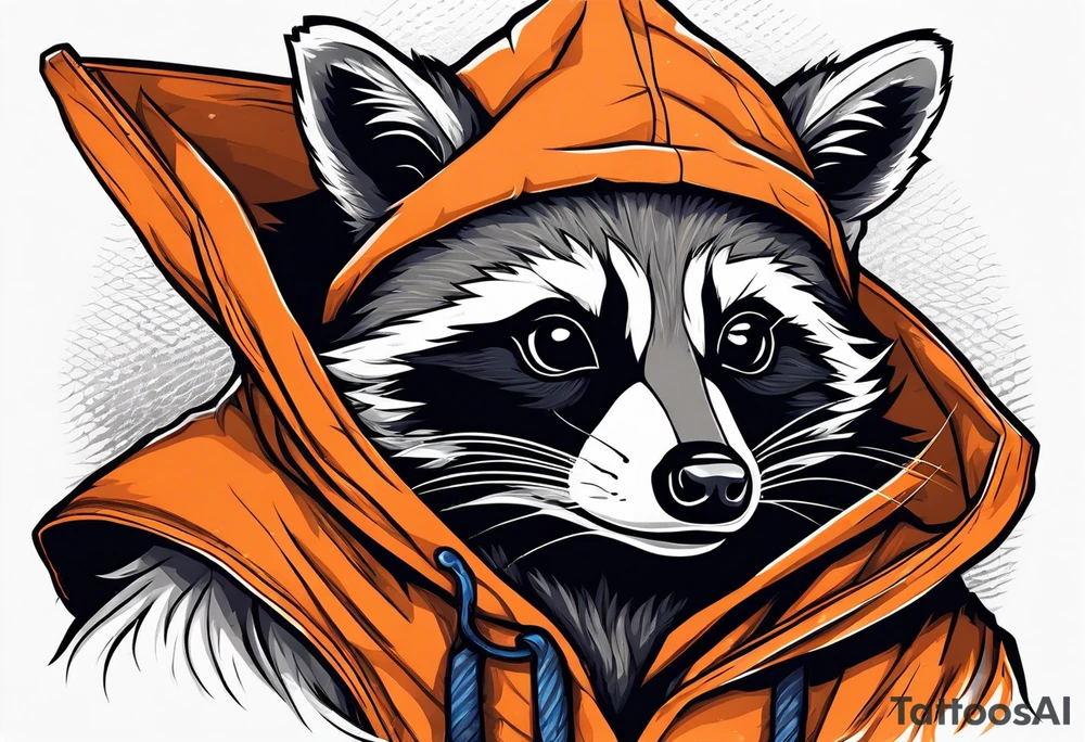 Raccoon wearing an orange Superman hoodie tattoo idea