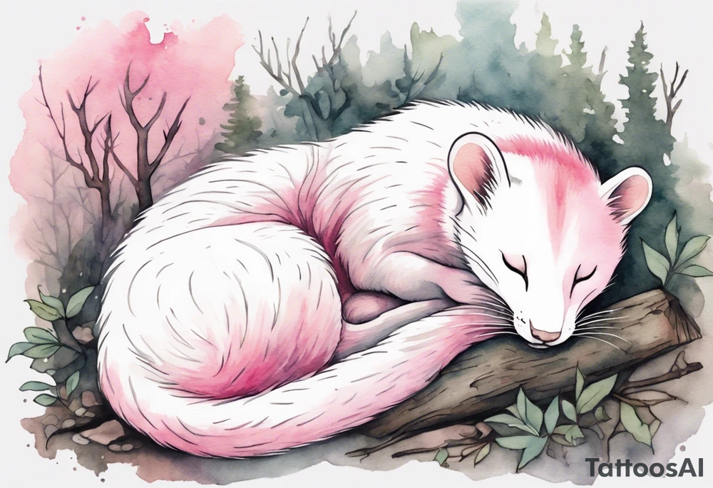 watercolor of an ermine covered in pink fur sleeping in a forest tattoo idea