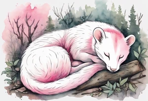 watercolor of an ermine covered in pink fur sleeping in a forest tattoo idea