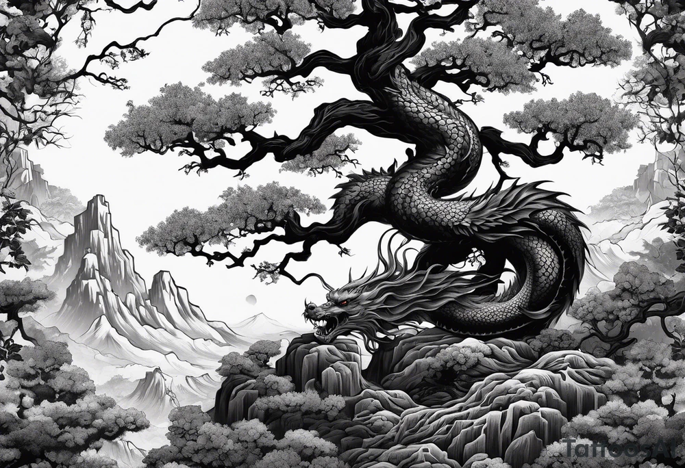 Black poison tree with shadowy japanese dragon tattoo idea