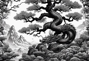 Black poison tree with shadowy japanese dragon tattoo idea