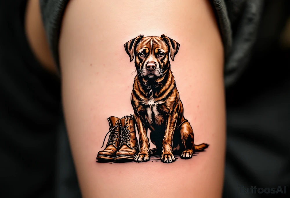 Loyal Companion Design – A calm Stafford sitting beside a pair of worn boots, symbolizing loyalty. Done in sepia tones with muted brown accents. tattoo idea