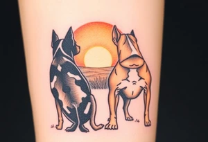 a black merle Australian cattle dog and a tan pitbull standing looking out over into the sunset tattoo idea