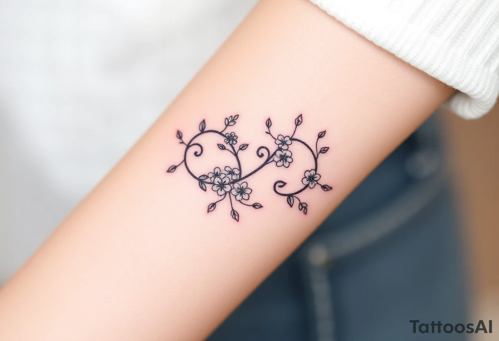 An infinity symbol including family made of intertwined vines, with delicate flowers blooming along its curves tattoo idea