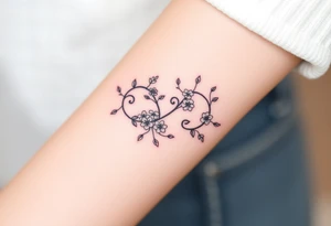 An infinity symbol including family made of intertwined vines, with delicate flowers blooming along its curves tattoo idea