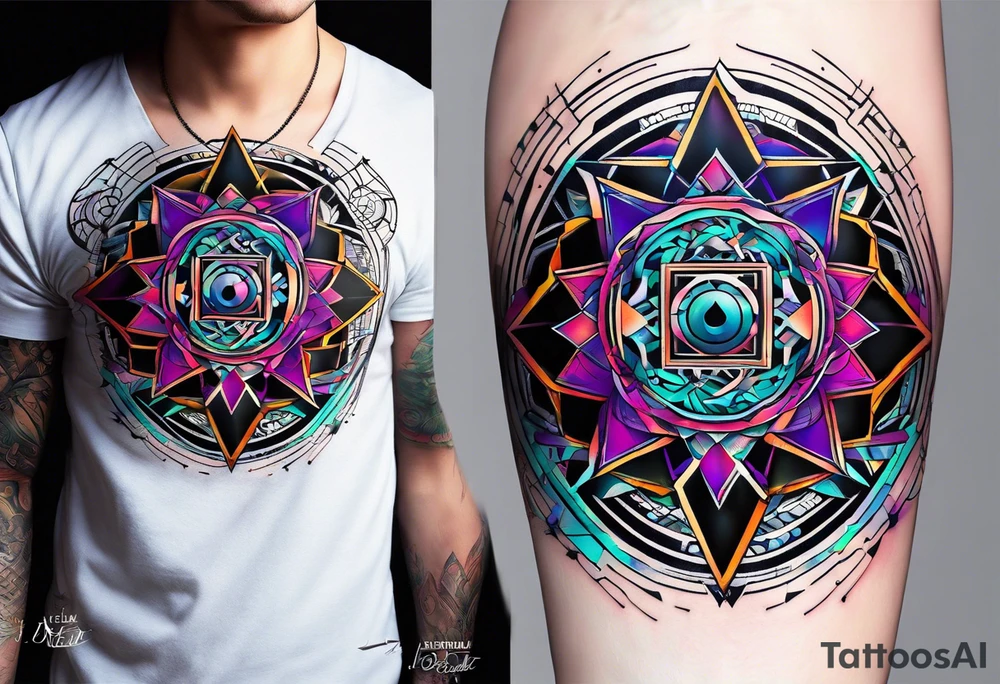 A tattoo design featuring geometric patterns and symbols inspired by psytrance and techno music, creating a unique and futuristic look. tattoo idea