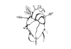 anatomical heart pierced by ornate arrow with flowing ribbons tattoo idea