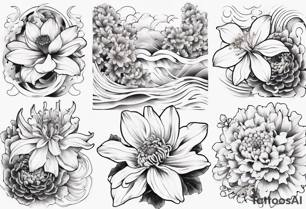 Japanese style tattoo background daffodils, chrysanthemum and waves tattoo idea