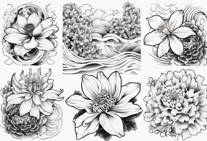 Japanese style tattoo background daffodils, chrysanthemum and waves tattoo idea