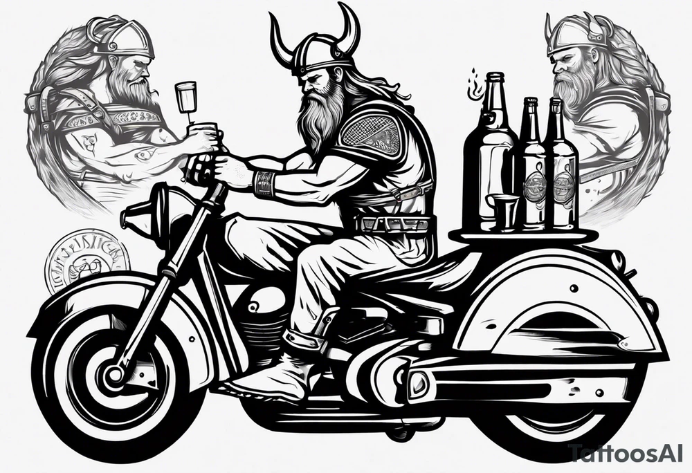 A viking drinking a beer on a motorcycle tattoo idea