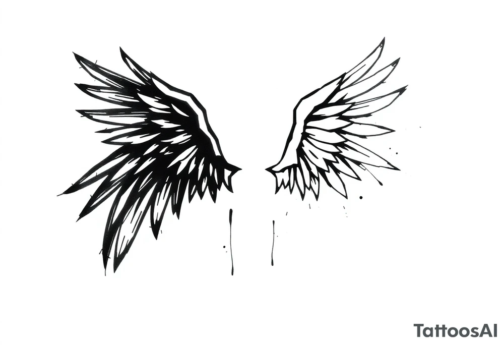 This tattoo design features a pair of asymmetrical angel wings drawn in black ink with a rough, sketch-like style. The left wing is darker, more defined, and appears denser, while the right wing is lighter, more delicate, and fragmented, creating a contrast between the two. The feathers are sharp and irregular, with fine lines and stray strokes extending outward, adding a raw and artistic feel. The overall look is dynamic and slightly chaotic, giving the impression of movement or an unfinished, ethereal form. This design symbolizes duality, freedom, transformation, or even struggle, making it a meaningful and visually striking tattoo. tattoo idea
