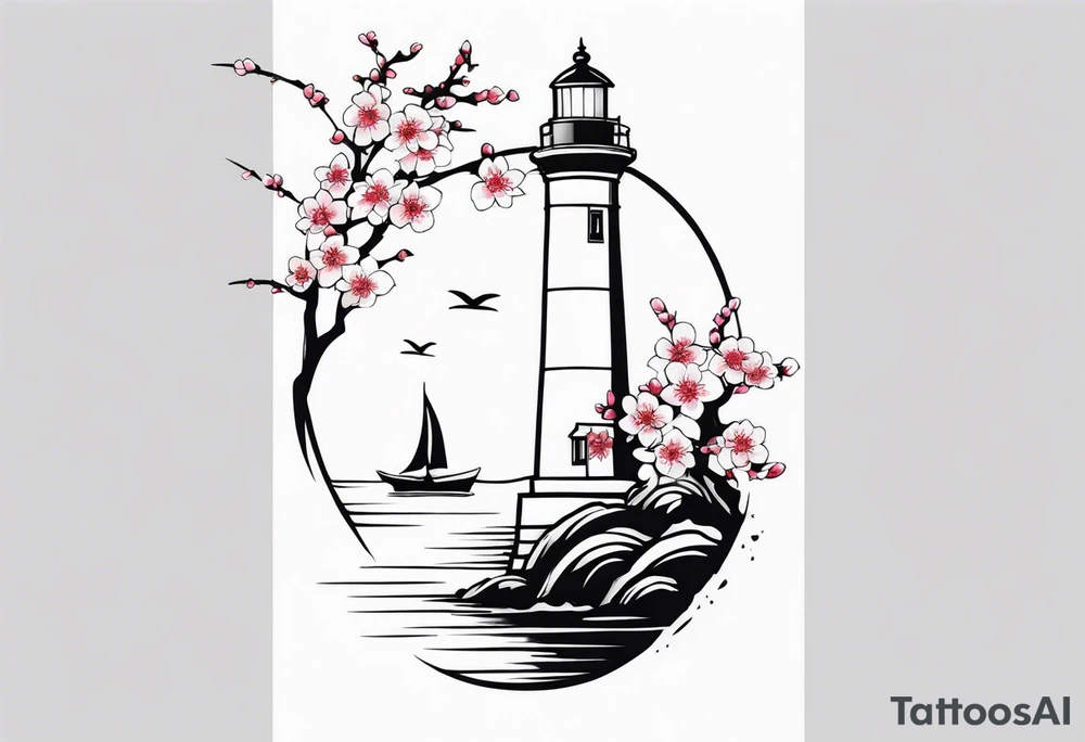 cherry blossom with lighthouse tattoo idea