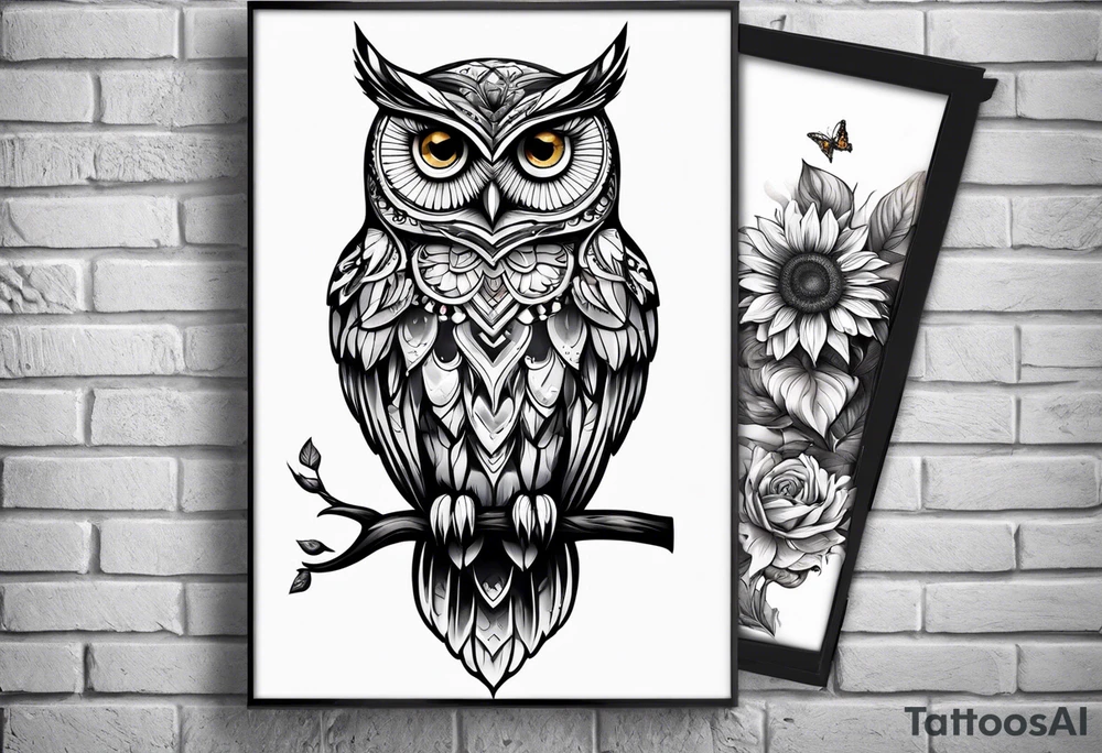 Owl with sunflower and butterfly tattoo idea