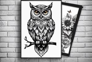 Owl with sunflower and butterfly tattoo idea