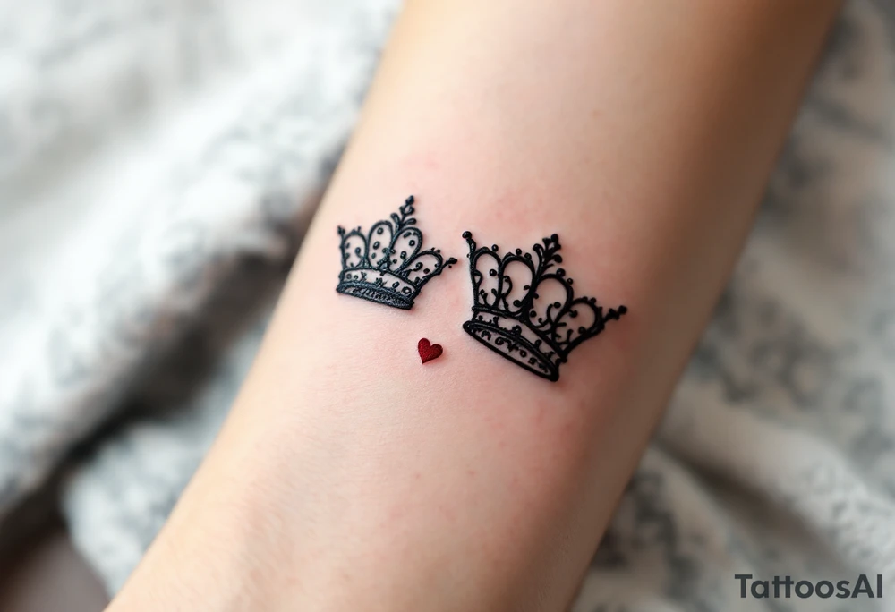 Ornate filigree-style black crowns with small deep red heart designs beneath each. tattoo idea