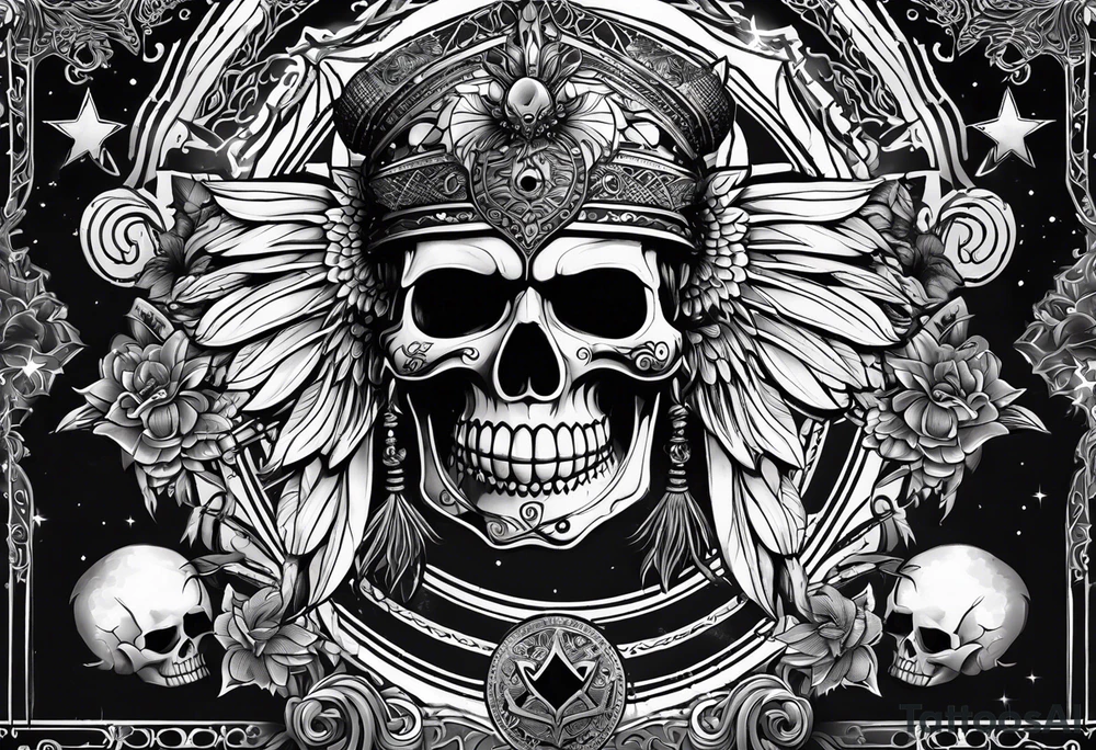 black kali, goddess pirate, alien, pachamama, valkrye, warrior, skull, lotus azul, wing, eagle, zenza resonance, stars, 5D tattoo idea