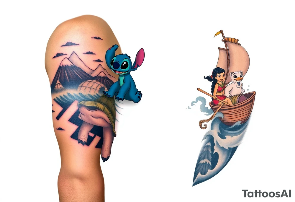 half sleeve, lilo and stitch riding on a turtle, waves, mountains, and then on other side, moana with maui heihei and pua on their boat tattoo idea