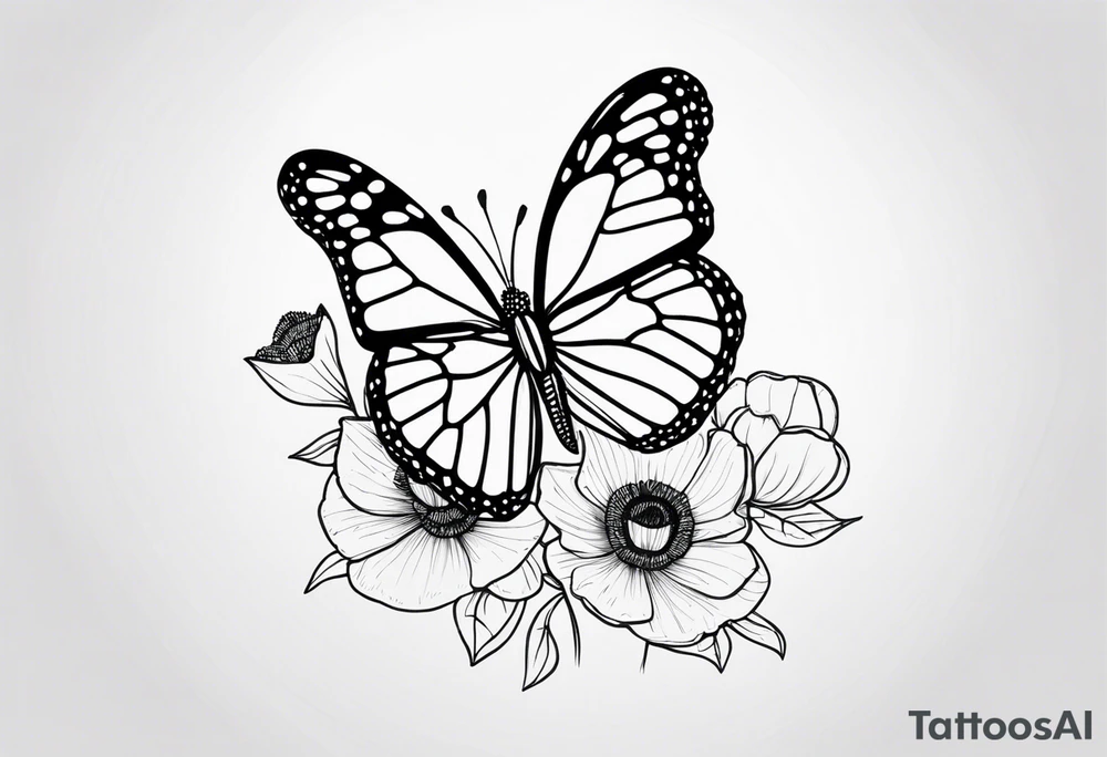 Design a black and white fine line tattoo of a monarch butterfly. The top halves of the wings should be filled with delicate poppy flowers, seamlessly integrated into the wing design. The overall style should be minimalistic and elegant, with clean lines and intricate details. The bottom halves of the wings should remain simple to emphasize the flowers above. tattoo idea