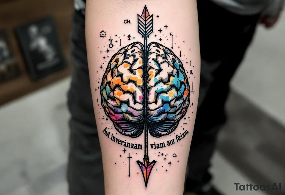 A front-seen brain in geometric and straight lines, with few watercolor details but mostly black, physics and chemical symbols arround, the phrase "Aut inveniam viam aut faciam" and a detailed arrow crossing from above with watercolors leaking from its tip tattoo idea