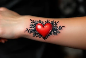 A red candy-heart design on each partner wrist tattoo idea