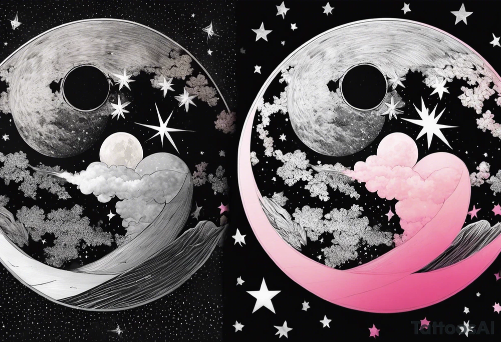 Full moon in black and white, 3 shooting stars going through moon. Two with blue lines in side the star and 1 with pink tattoo idea