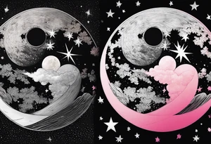 Full moon in black and white, 3 shooting stars going through moon. Two with blue lines in side the star and 1 with pink tattoo idea