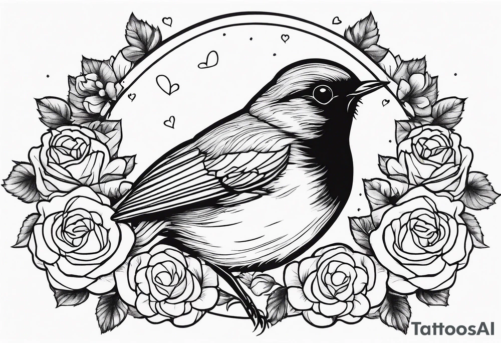 A heart muscle with a Robin inside surrounded by roses, likely of the valley and cosmos flowers tattoo idea