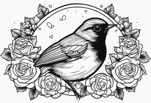 A heart muscle with a Robin inside surrounded by roses, likely of the valley and cosmos flowers tattoo idea