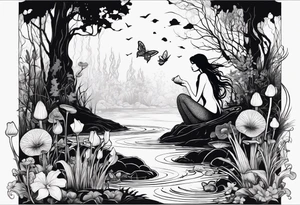 A mermaid silhouette in a swamp with cypress trees, mushrooms, wild flowers, lily pads, frogs, and bugs all around. tattoo idea