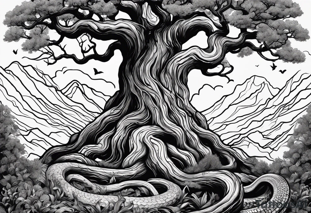 A tree reaching the sky with the roots reaching hell, having a snake around it. All based on Carl Jung ideas. tattoo idea