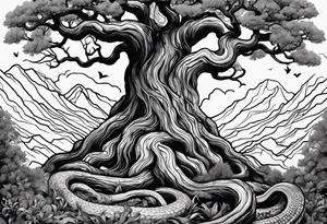 A tree reaching the sky with the roots reaching hell, having a snake around it. All based on Carl Jung ideas. tattoo idea