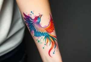 Phoenix in flames with purple, blue, orange, teal and green splashes, looking upwards with angry eye. No black outline. tattoo idea