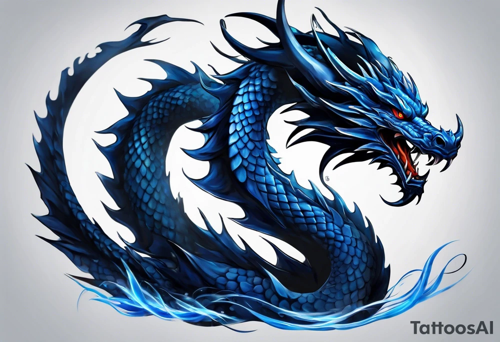 An epic floating dragon. Its long body coiling dynamically, with scales and horns detailed to create a sense of movement and strength. The dragon's main color is midnight blue, giving a vibrant depth and a mystical aura. This tattoo highlights the dragon’s fierce expression and sharp claws. tattoo idea