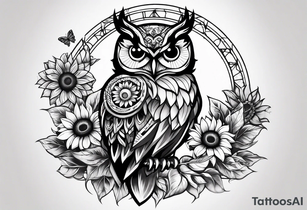 Owl sunflower and butterfly half sleeve tattoo idea